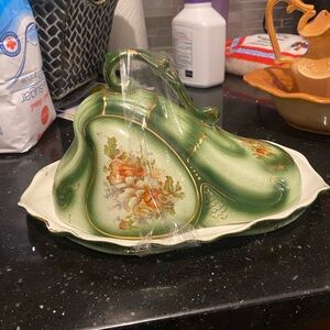 Victorian Green hand painted Floral Ceramic Covered Dish